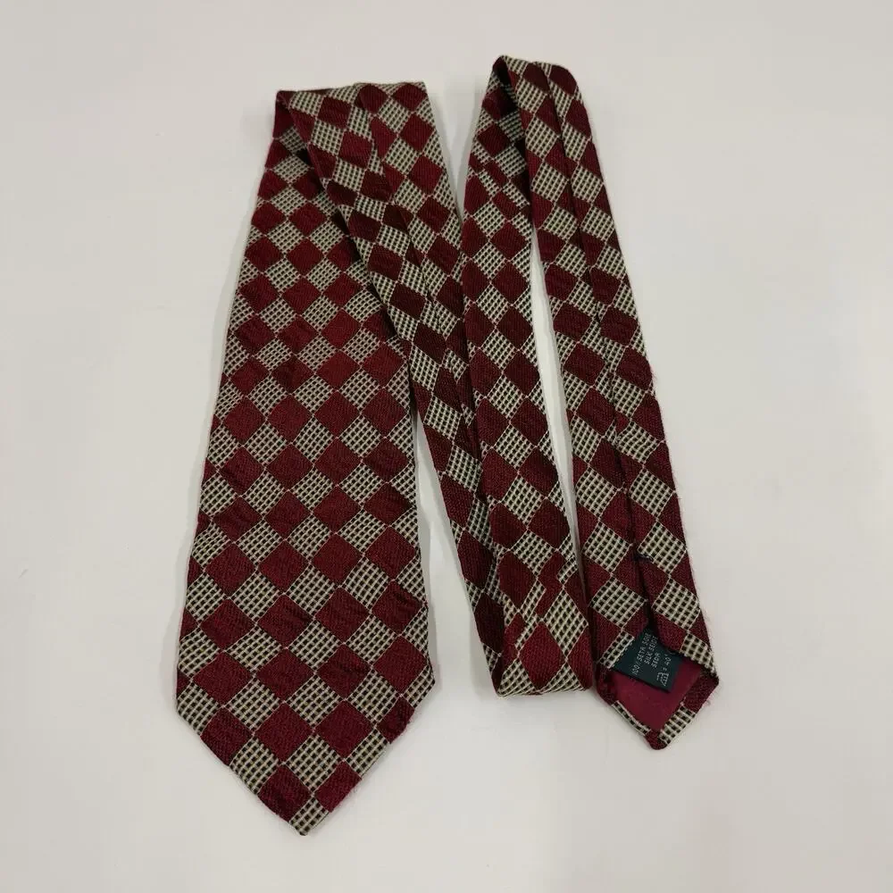 Ermenegildo Zegna Mens Silk Tie Burg Red Tan Check Geometric Luxury Career